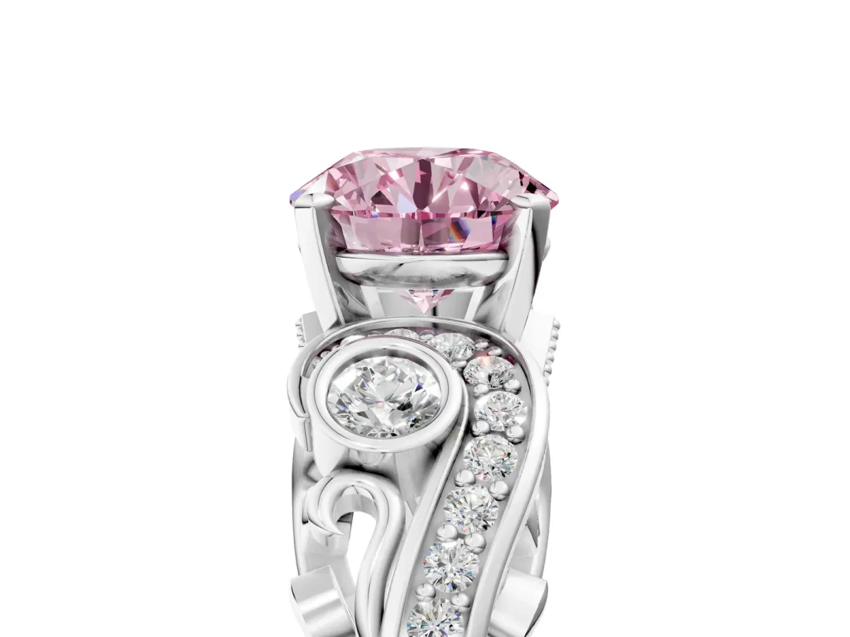 Fancy Pink Round Cut Diamond Solitaire Ring with Milgrain Pavé Band and Four-Prong Setting Silver