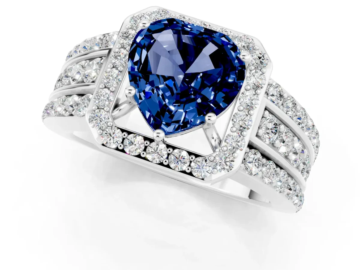 Heart Cut Halo Blue Sapphire Ring with Round Split Shank and Prong Setting Platinum
