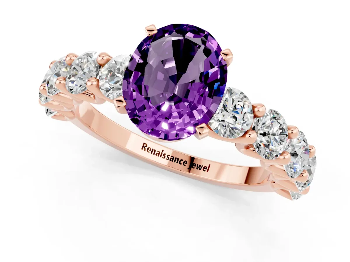 Oval Cut Amethyst Prong Setting with Side Stones on a Pave Band Rose gold