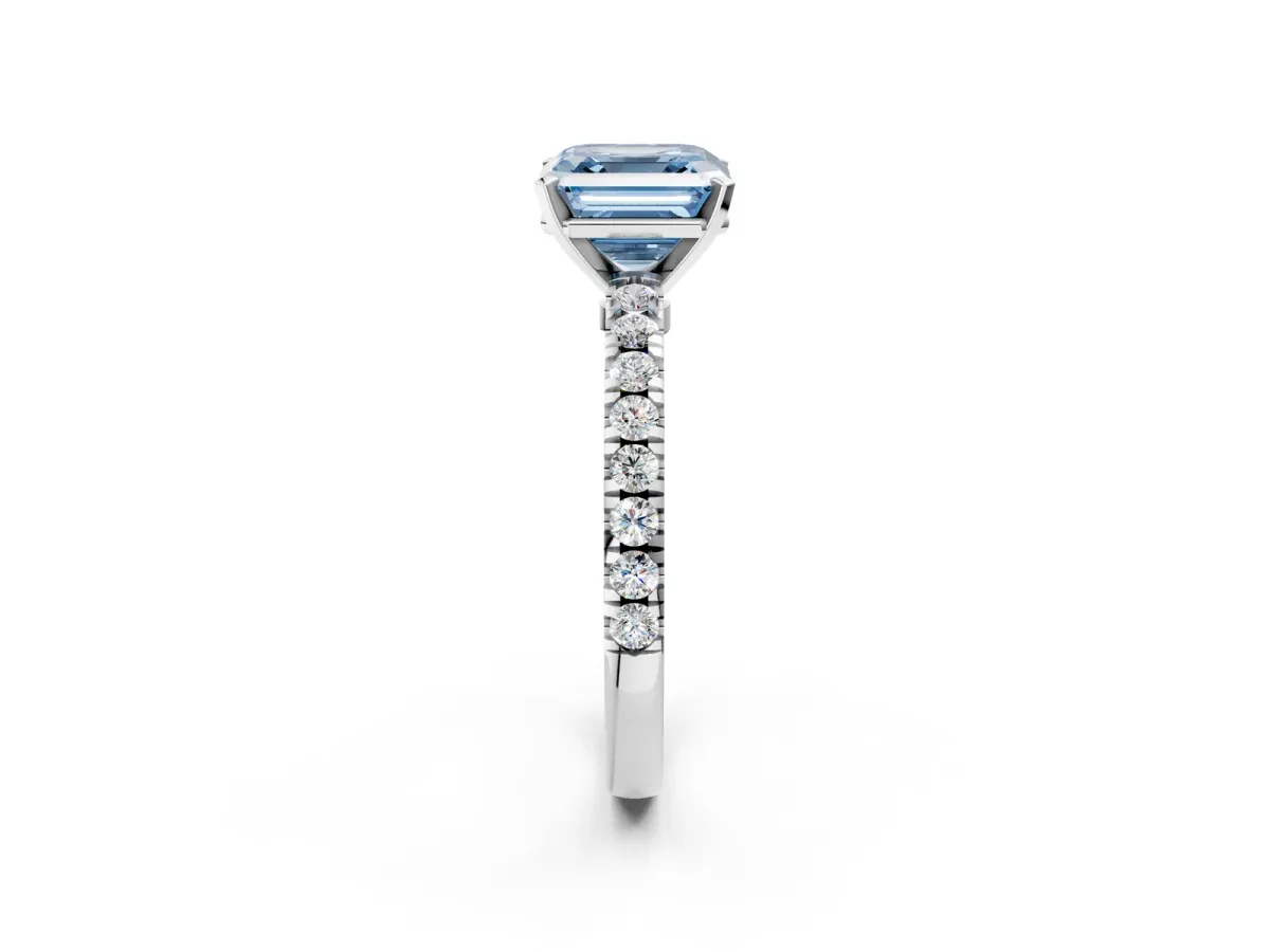 Fancy Blue Asscher Cut Solitaire Diamond with Pavé Band and Four-Prong Setting Silver
