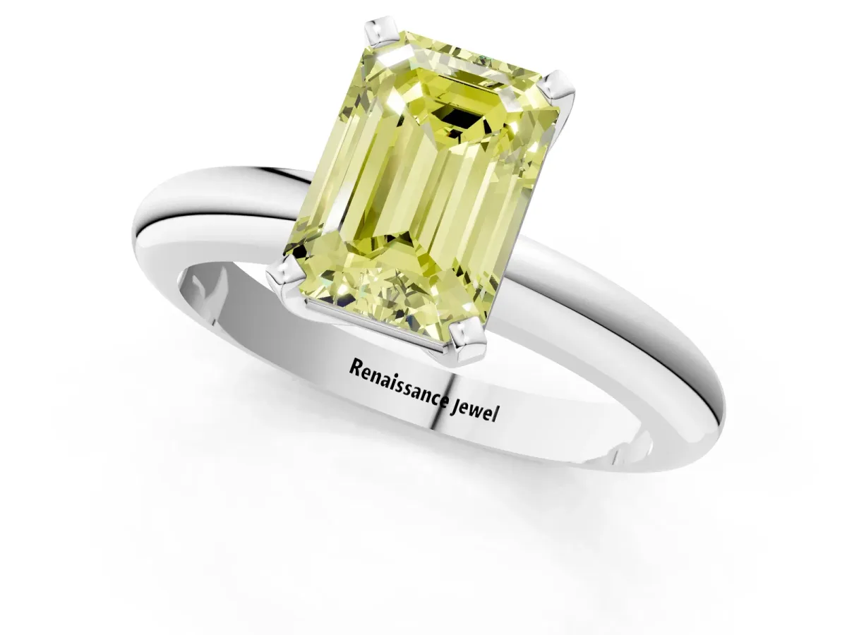 Fancy Yellow Emerald Cut Diamond Solitaire Engagement Ring with Round Band and Four-Prong Setting Silver