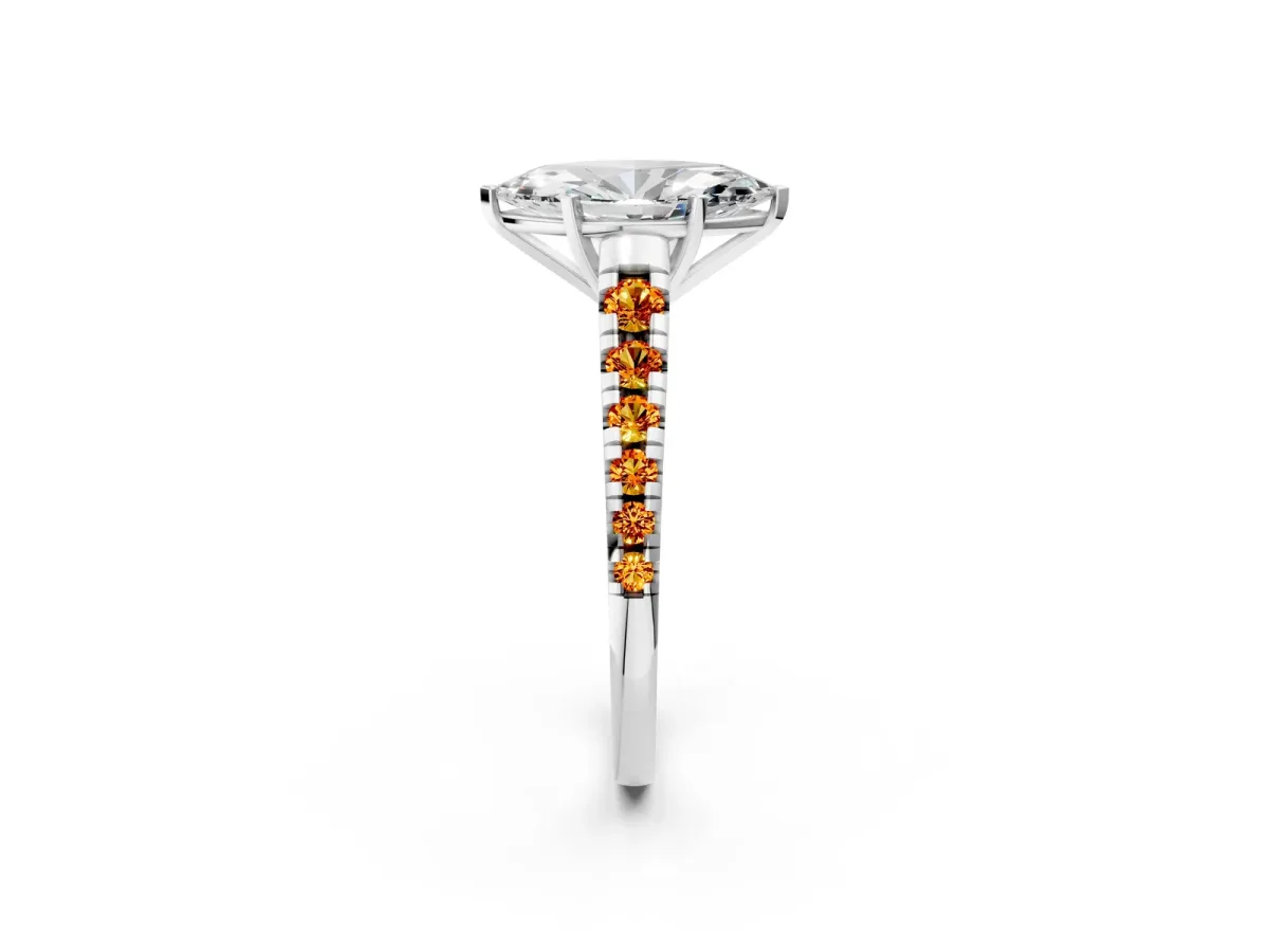 Marquise Cut Diamond Cathedral Solitaire Ring with Round Citrine Pavé Band Silver