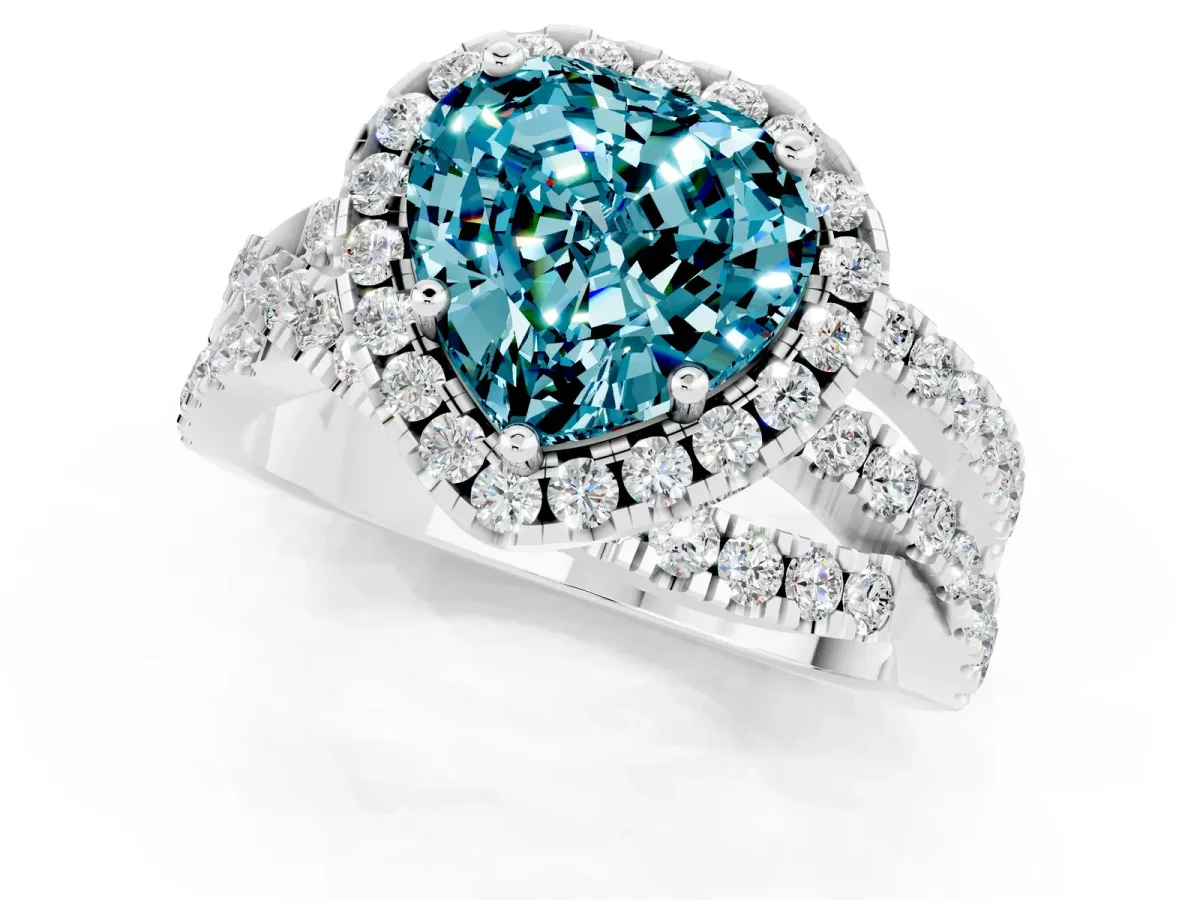 Heart Cut Blue Topaz Halo Ring with Round Split Shank and Prong Setting Platinum