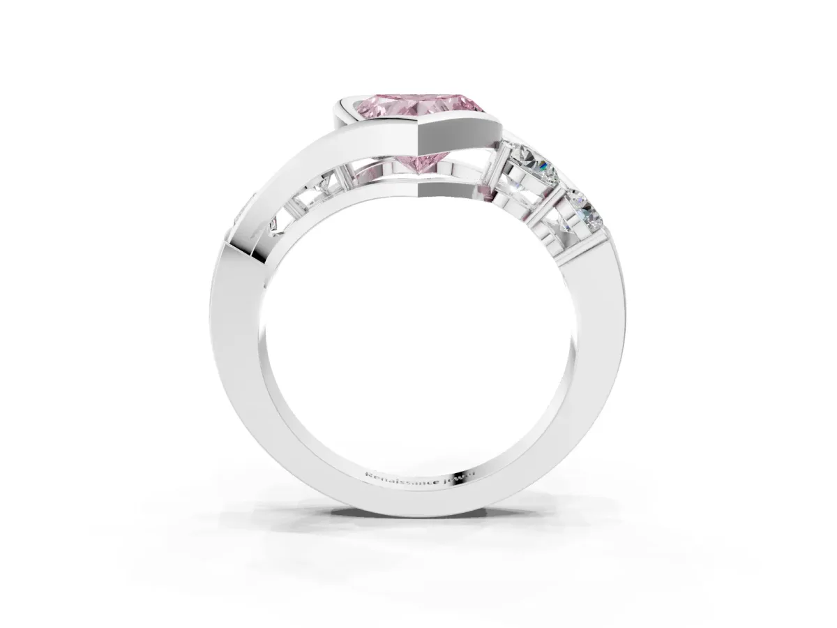 Fancy Pink Bezel Set Heart Cut Diamond Bypass Ring with Round Accents Silver