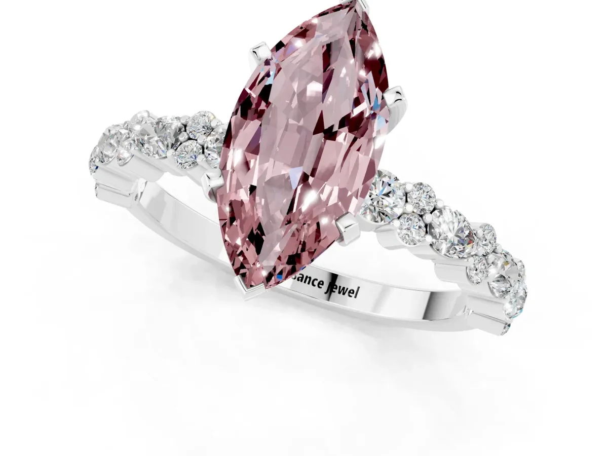 Marquise Cut Morganite Side Stone Solitaire Ring with Round and Four-Prong Setting White gold