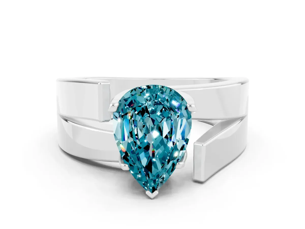 Modern Tension Set Pear Cut Blue Topaz Solitaire Wide Band Ring Silver