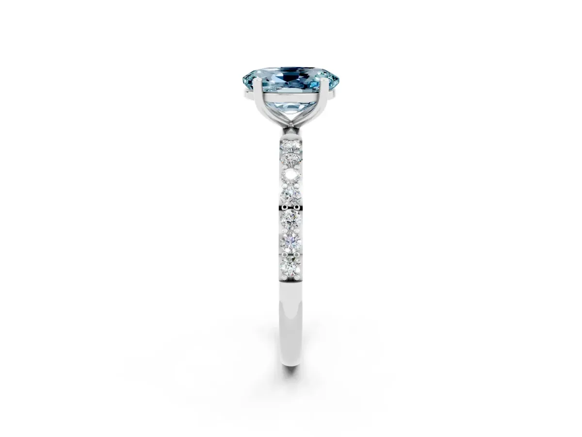 Oval Cut Aquamarine Solitaire Ring with Round Pavé Band and Prong Setting Silver