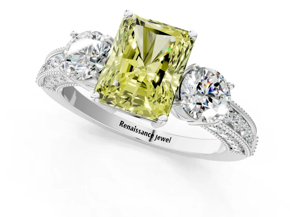 Fancy Yellow Radiant Cut Three-Stone Diamond Ring with Pavé Band and Four-Prong Setting Platinum