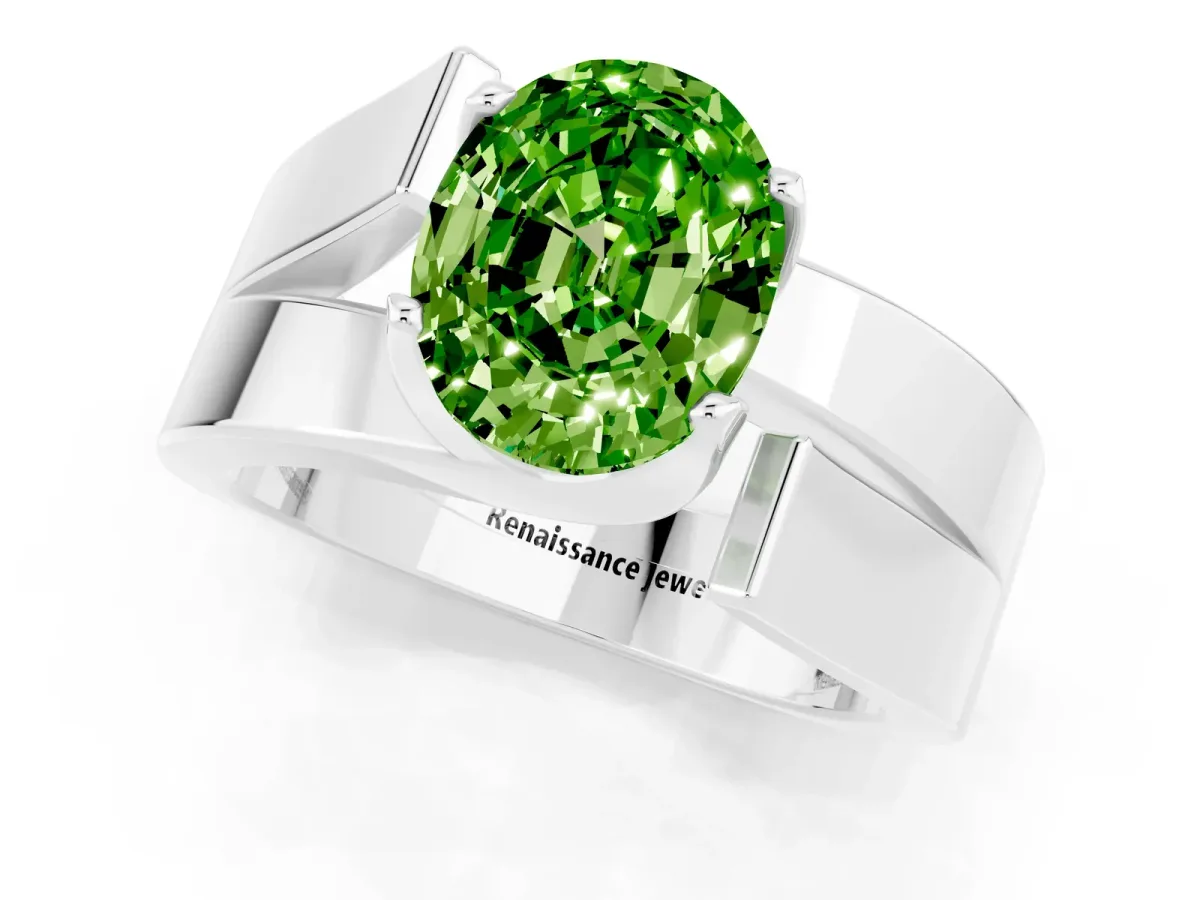 Modern Tension Set Oval Cut Peridot Solitaire Wide Band Ring Silver