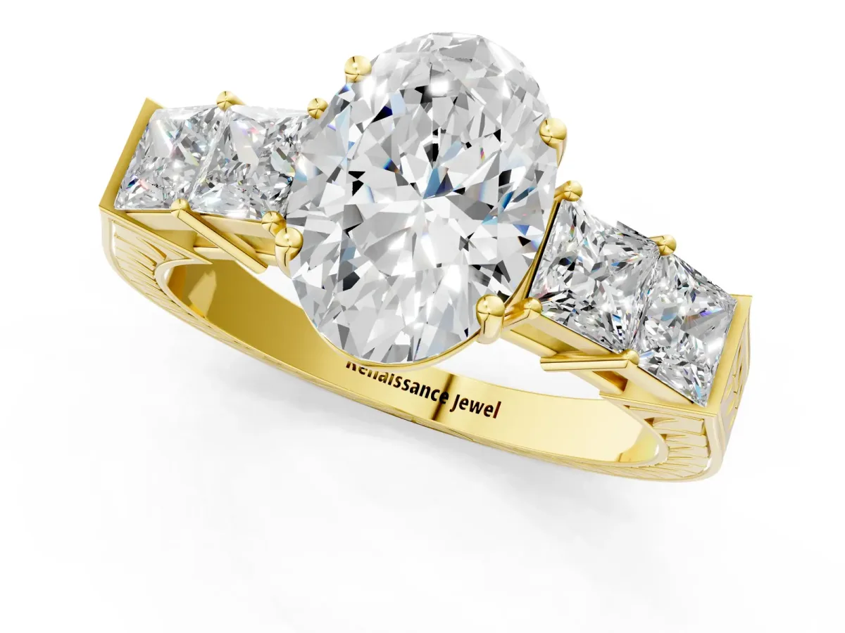 Oval Cut Solitaire Princess Side Stone Engraved Band Prong Setting Ring Yellow gold