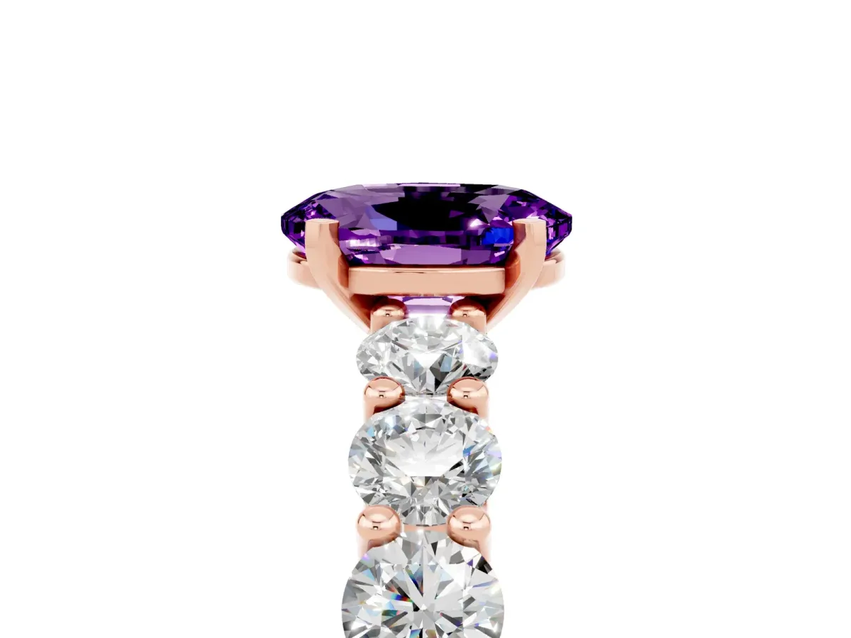 Oval Cut Amethyst Prong Setting with Side Stones on a Pave Band Rose gold