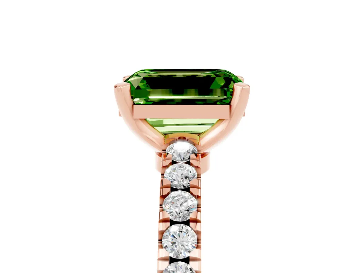Emerald Cut Solitaire Peridot with Pavé Band and Four-Prong Setting Rose gold