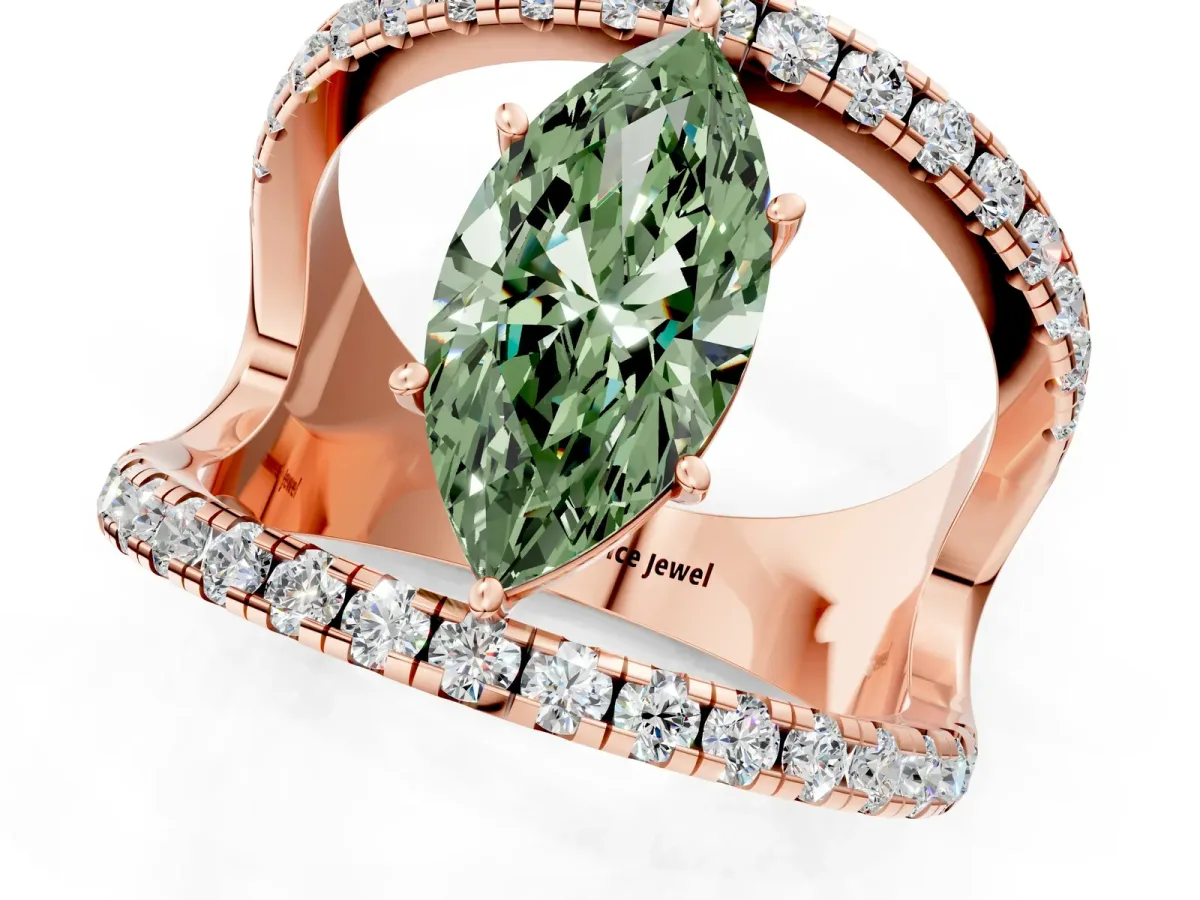 Fancy Green Marquise Cut Solitaire Split Shank Pave Diamond Ring Rose gold