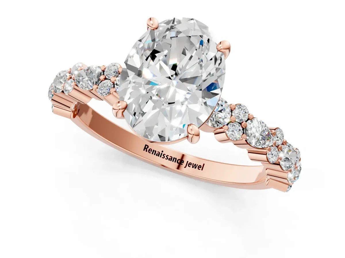 Oval Cut Diamond Side Stone Solitaire Ring with Round Moissanite and Four-Prong Setting Rose gold