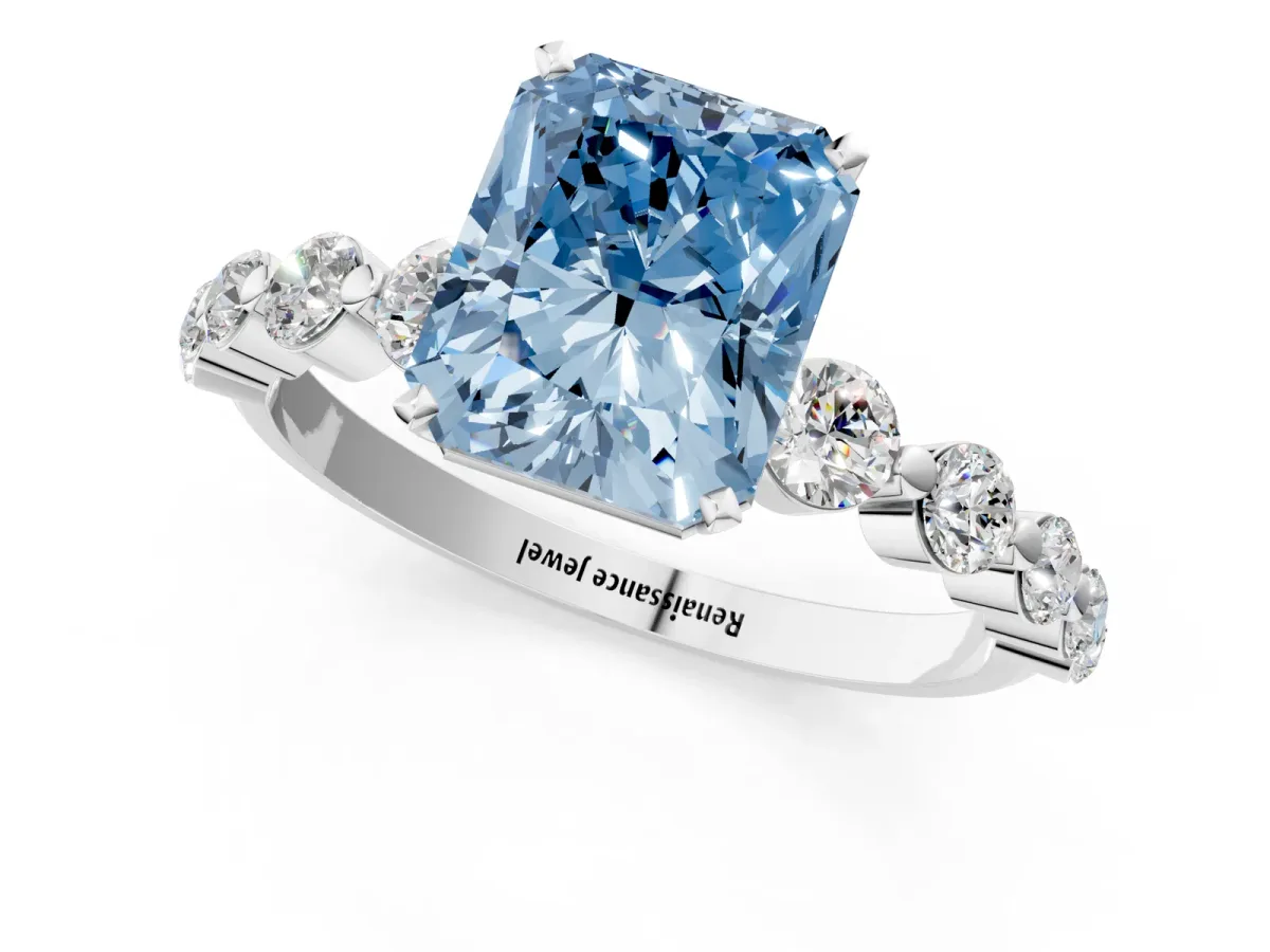 Fancy Blue Radiant Cut Solitaire Diamond Ring with Pave Band and Four-Prong Setting Silver