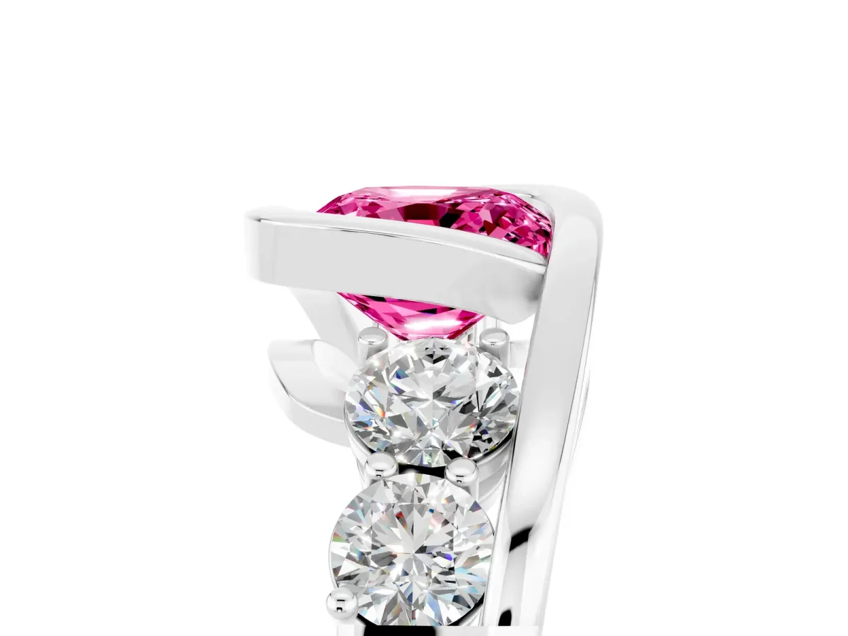 Bezel Set Cushion Cut Pink Sapphire Bypass Ring with Round Accents Silver