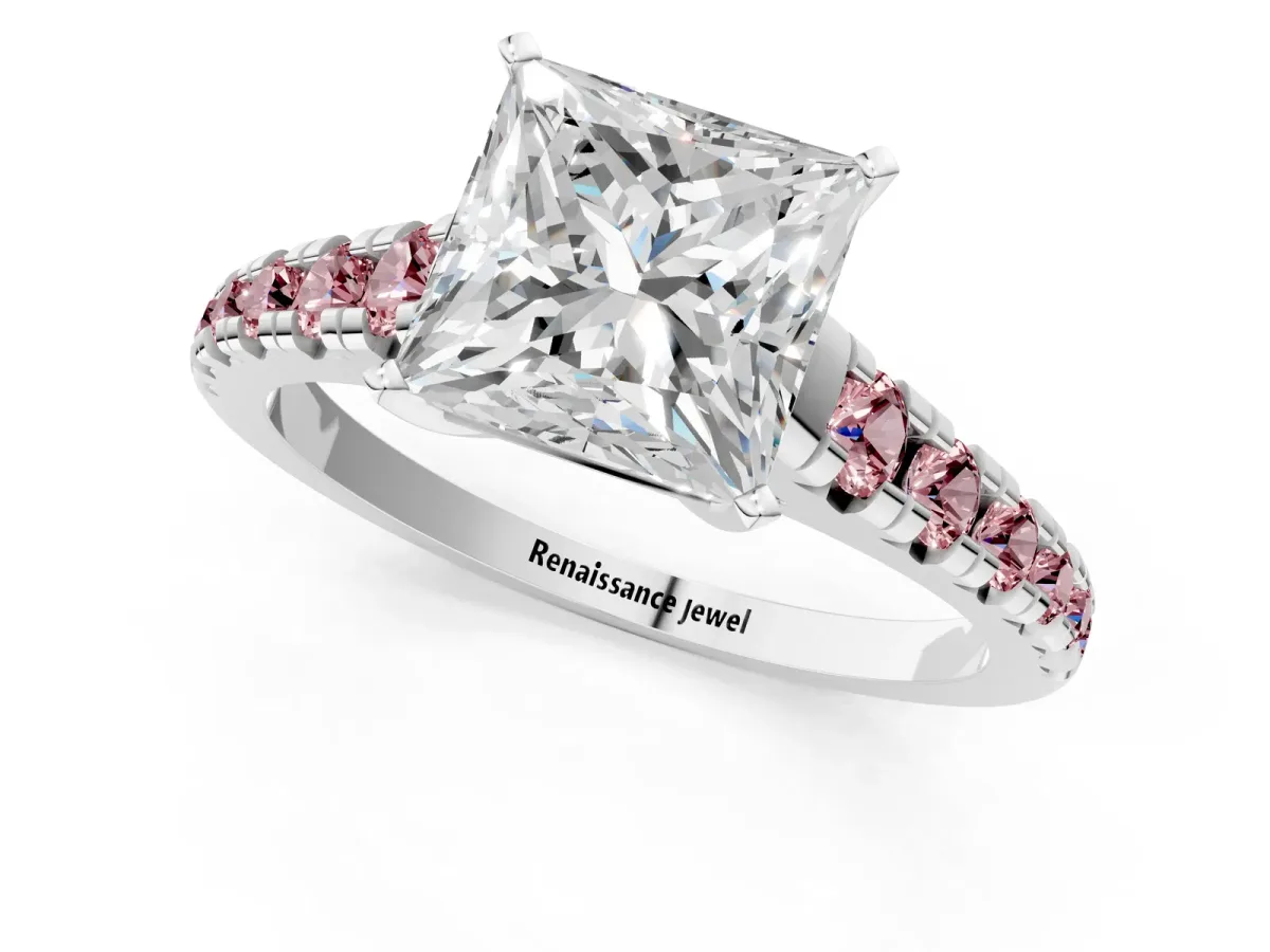 Princess Cut Diamond Cathedral Solitaire Ring with Round Morganite Pavé Band Silver