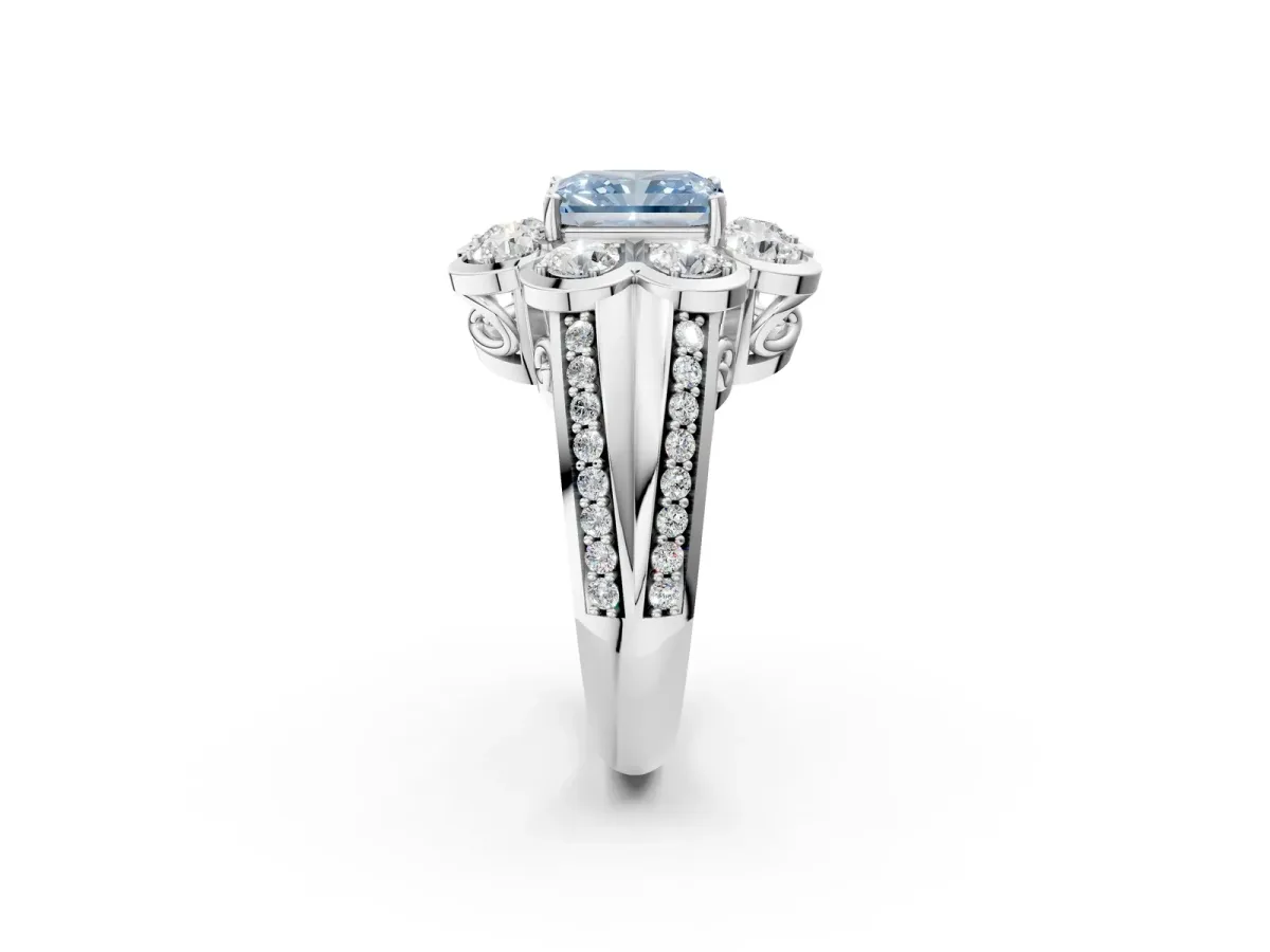 Fancy Blue Radiant Cut Brilliant Flower Halo Diamond Split Shank Ring Platinum