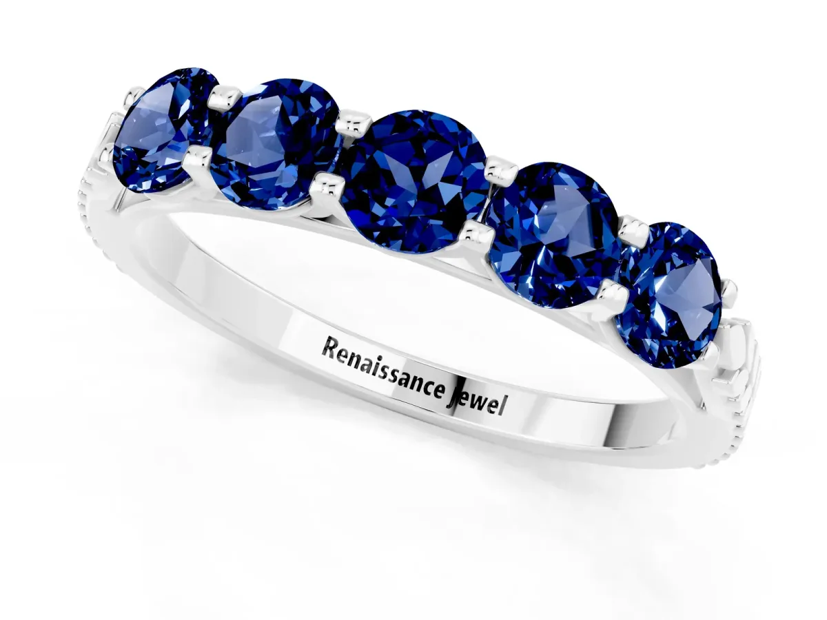 Five-Stone Round Blue Sapphire Prong-Set Band White gold