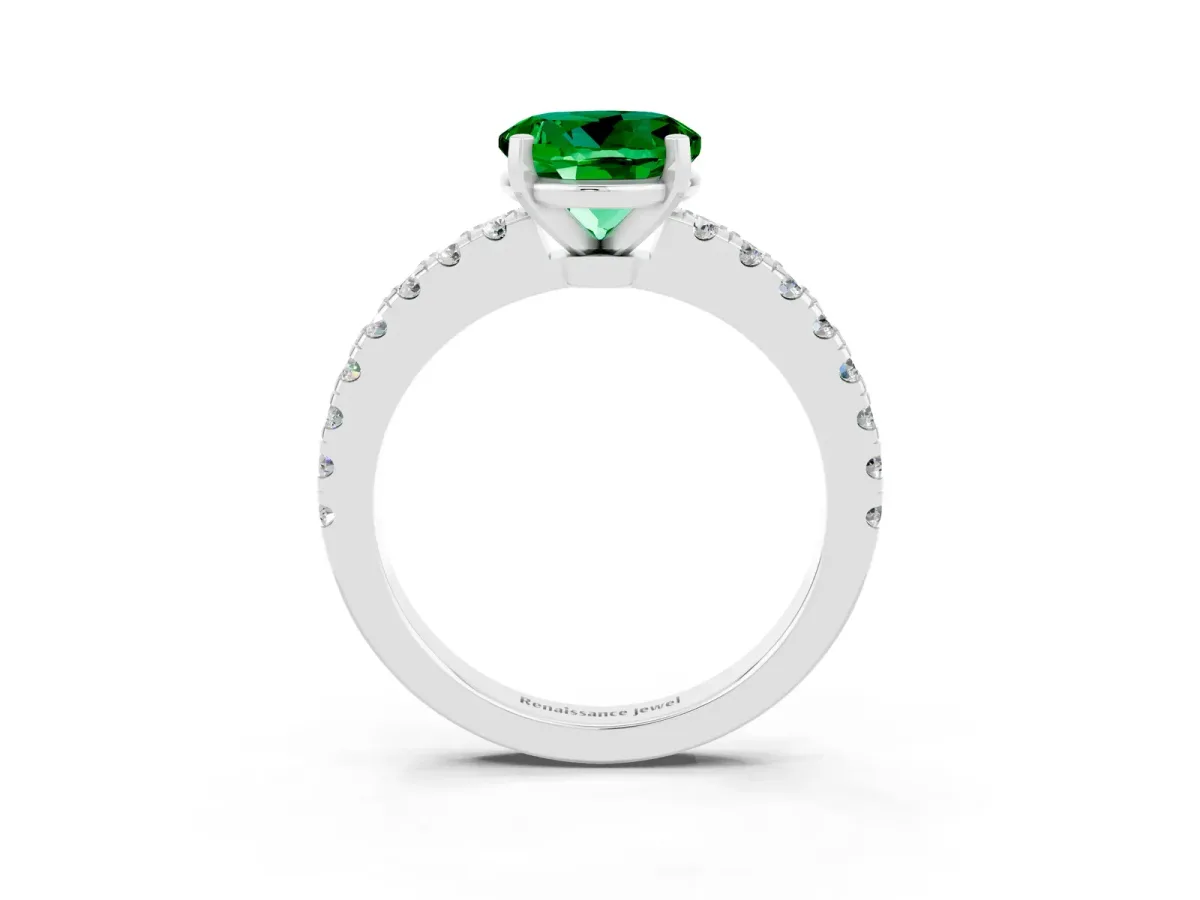 Round Cut Solitaire Emerald with Pavé Band and Four-Prong Setting Silver