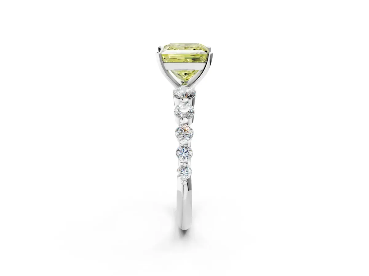 Fancy Yellow Princess Cut Solitaire Diamond Ring with Pave Band and Four-Prong Setting Silver