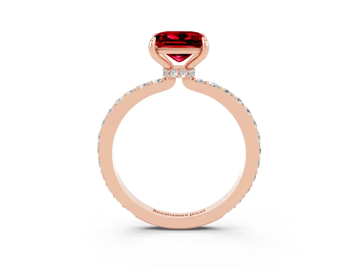 Princess Cut Ruby Solitaire Engagement Ring with Pavé Band and Four-Prong Setting Rose gold