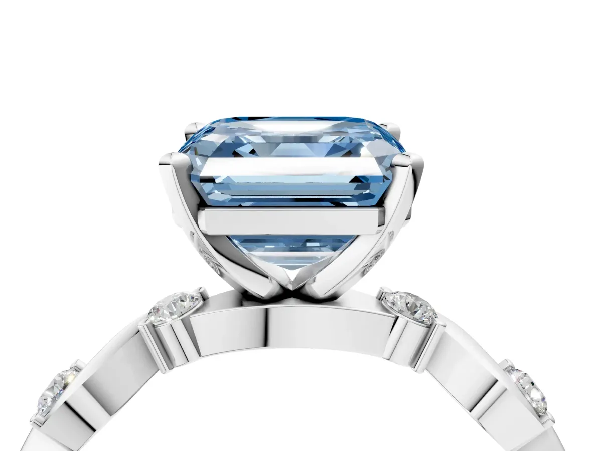 Fancy Blue Asscher Cut Diamond Solitaire Twisted Band with Round Accents and Prong Setting Silver
