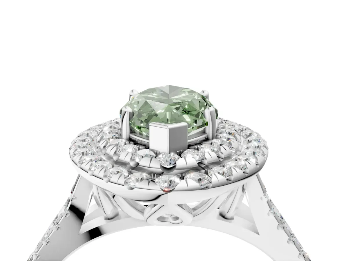 Fancy Green Double Halo Marquise Cut Diamond Pavé Split Shank Ring with Prong Setting Silver