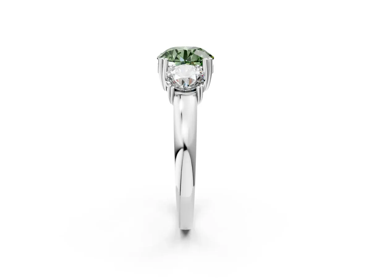 Fancy Green Three-Stone Round Cut Cut Diamond Ring with Channel Set Band and Four-Prong Setting Silver