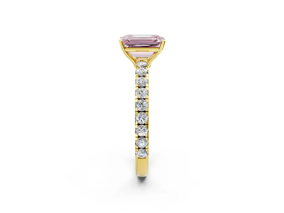 Fancy Pink Emerald Cut Diamond Pavé Solitaire Engagement Ring with Four-Prong Setting Yellow gold