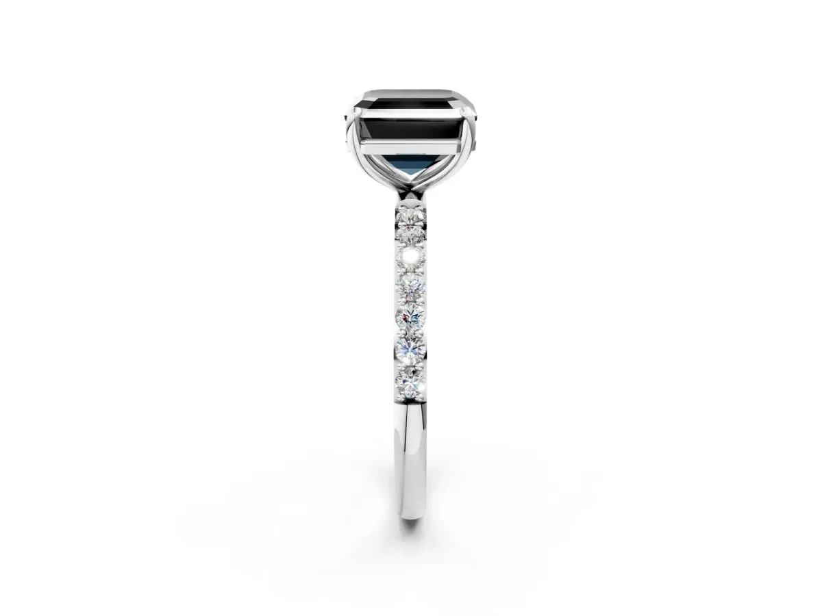 Fancy Black Asscher Cut Diamond Solitaire Ring with Round Pavé Band and Prong Setting Silver