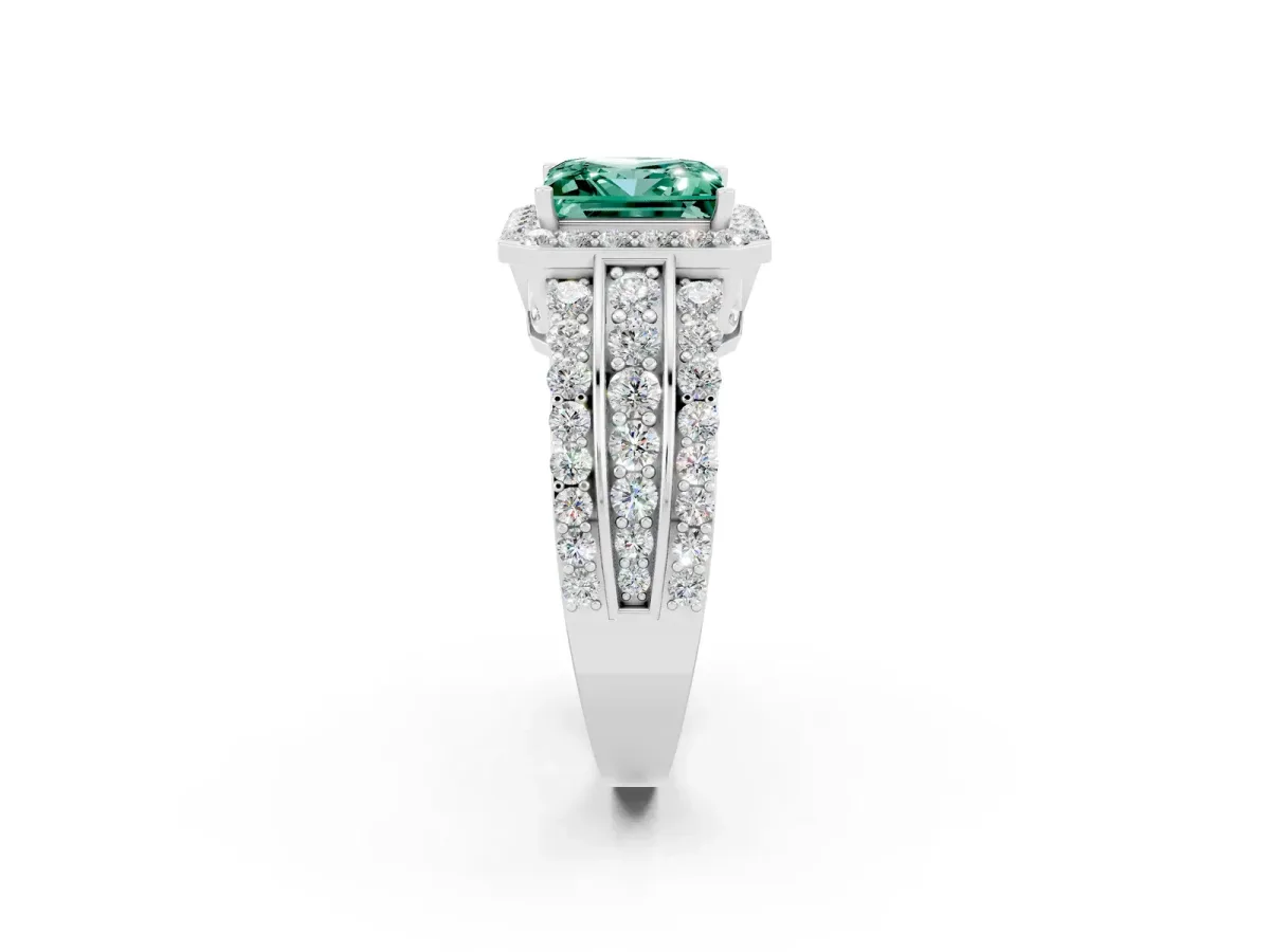 Princess Cut Halo Green Sapphire Ring with Round Split Shank and Prong Setting Silver