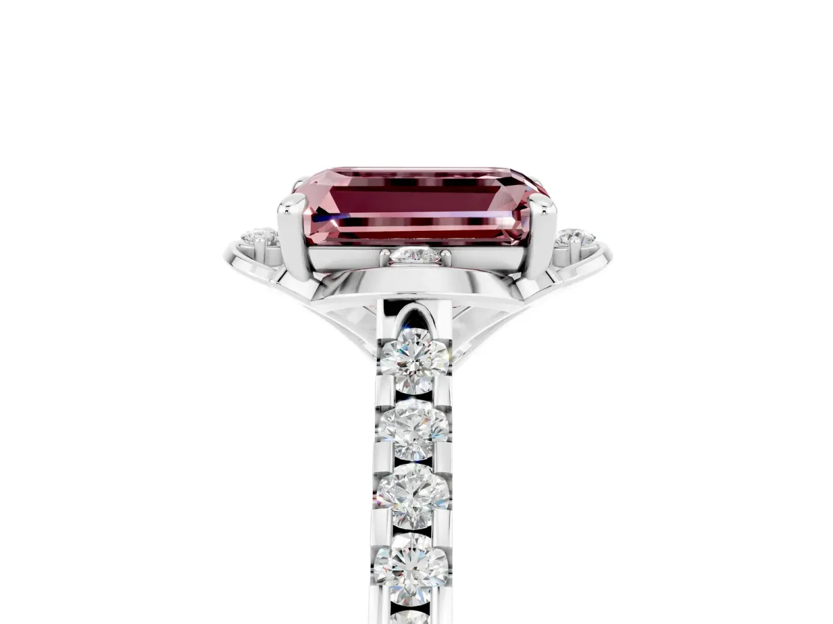Emerald Cut Morganite Ring with Pavé Band and Floral Prong Setting Platinum