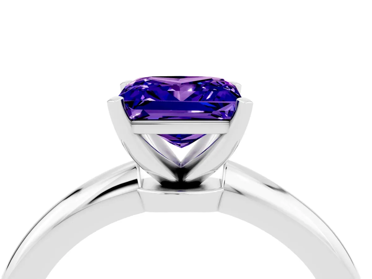 Princess Cut Tanzanite Solitaire Ring with Six-Prong Setting and Classic Band Silver