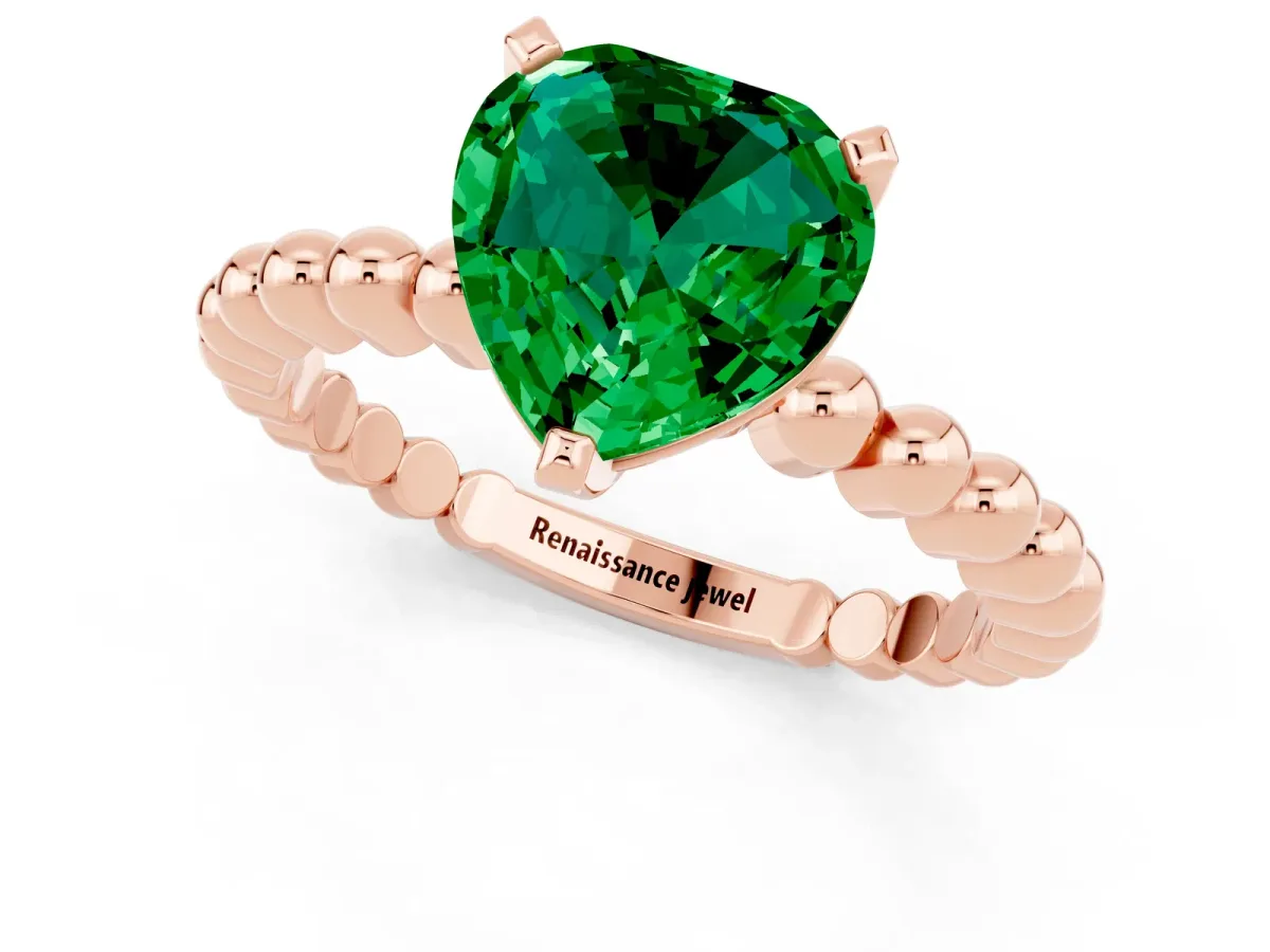 Heart Cut Emerald Solitaire Ring with Beaded Band and Prong Setting Rose gold