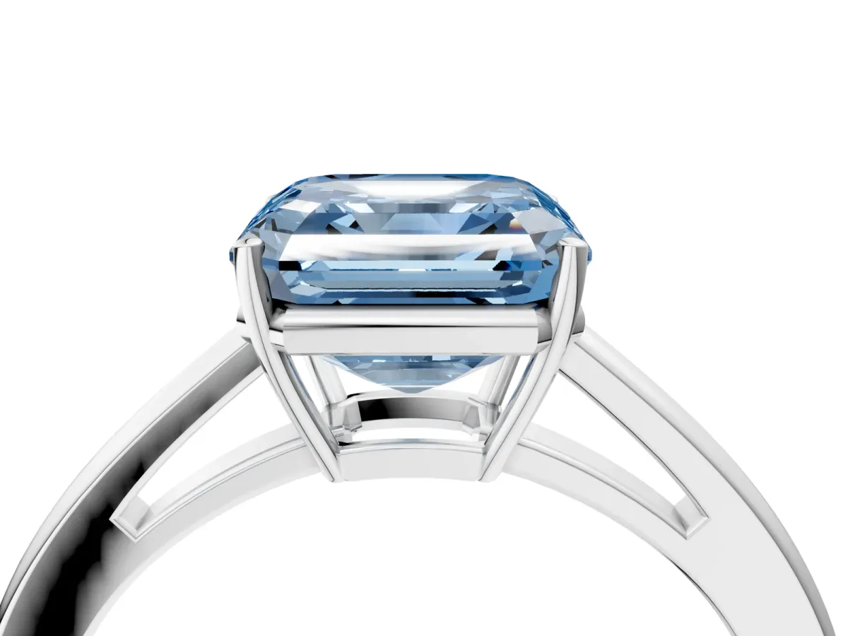 Fancy Blue Asscher Cut Solitaire Diamond Ring with Split Shank and Four-Prong Setting Platinum