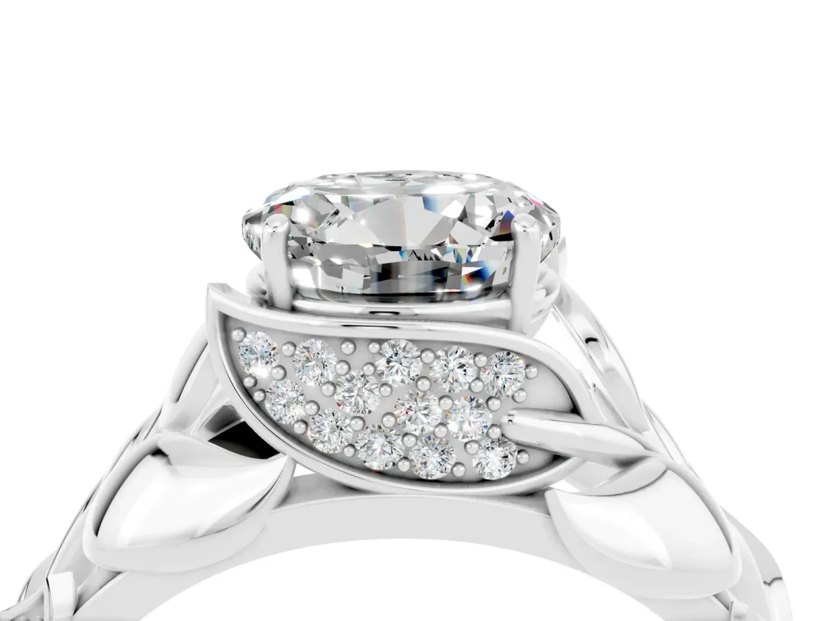 Round Cut Moissanite Leaf-Inspired Engagement Ring with Round Accents and Prong Setting Silver
