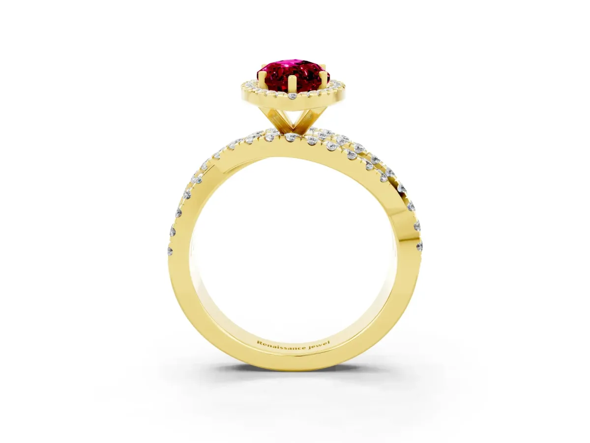Marquise Cut Garnet Halo Ring with Round Split Shank and Prong Setting Yellow gold