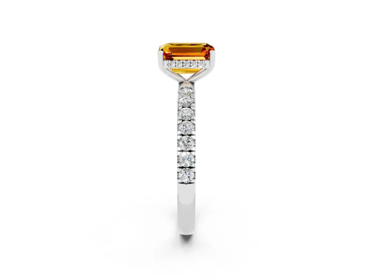 Emerald Cut Citrine Pave Band Solitaire Ring with Round and Prong Setting Platinum