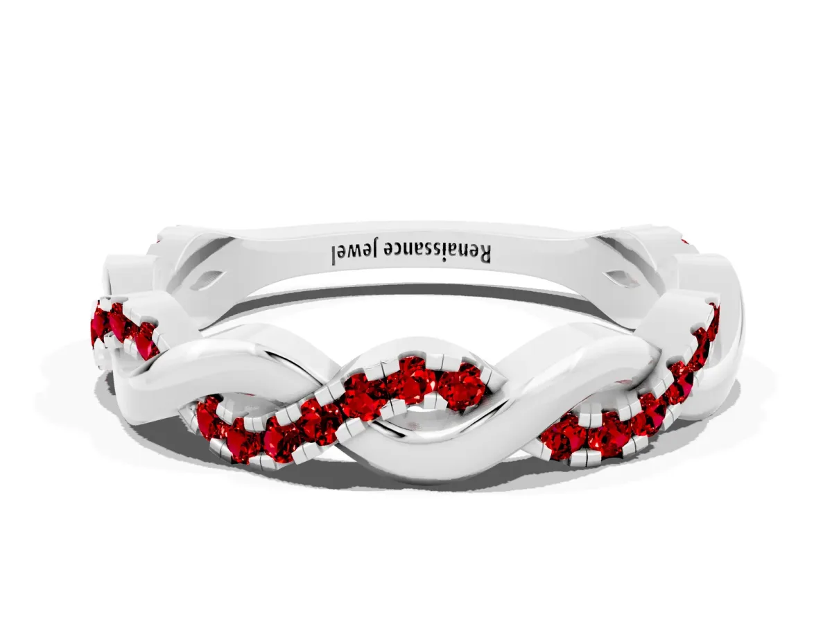 Pavé Round Ruby Twist Eternity Band with Shared Prong Setting Platinum