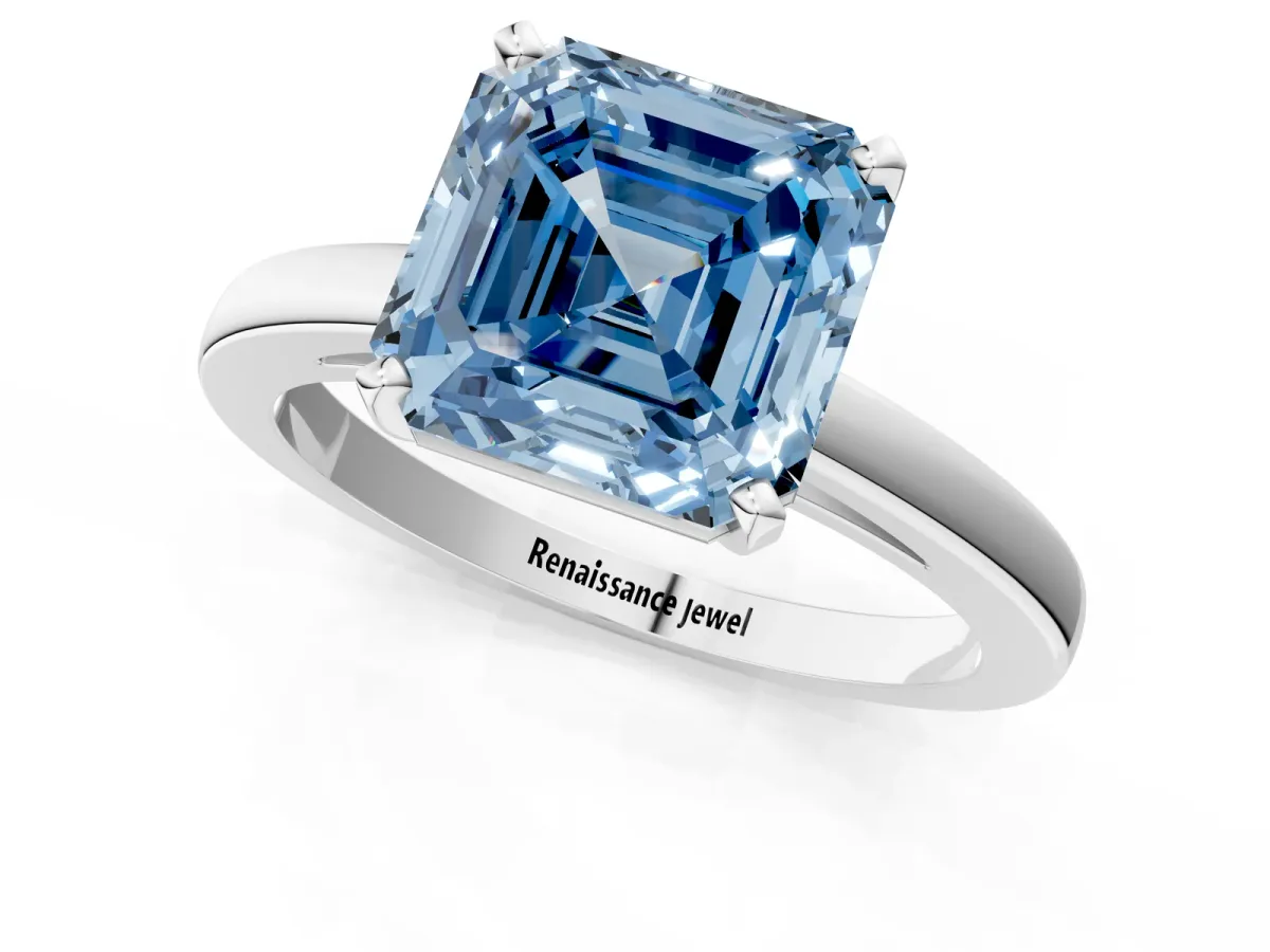 Fancy Blue Asscher Cut Solitaire Diamond Engagement Ring with Four-Prong Setting on a Classic Band Platinum