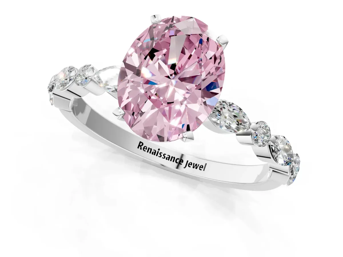 Fancy Pink Oval Cut Diamond Ring with Marquise and Round Side Stones and Four-Prong Setting Silver