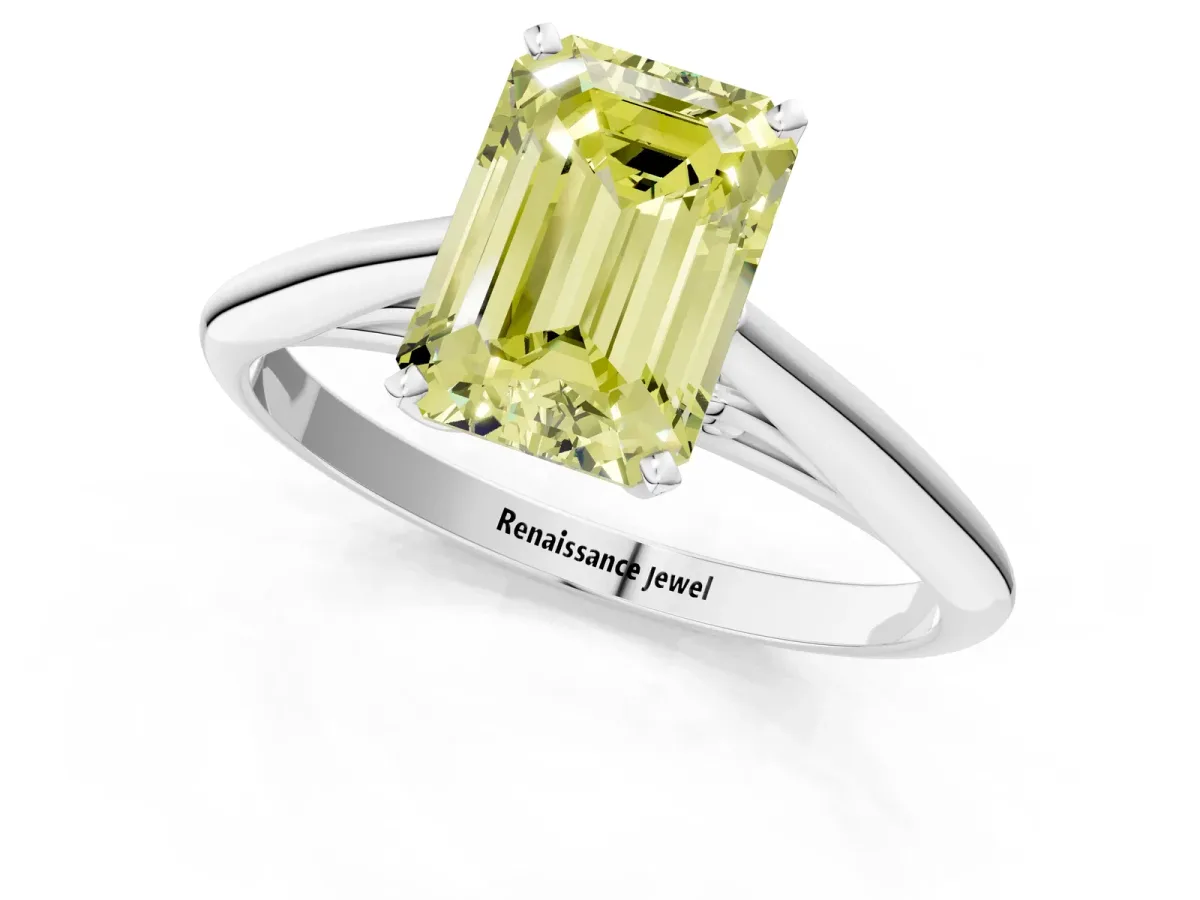 Fancy Yellow Emerald Cut Diamond Solitaire Engagement Ring with Cathedral Setting and Four-Prong Mount White gold