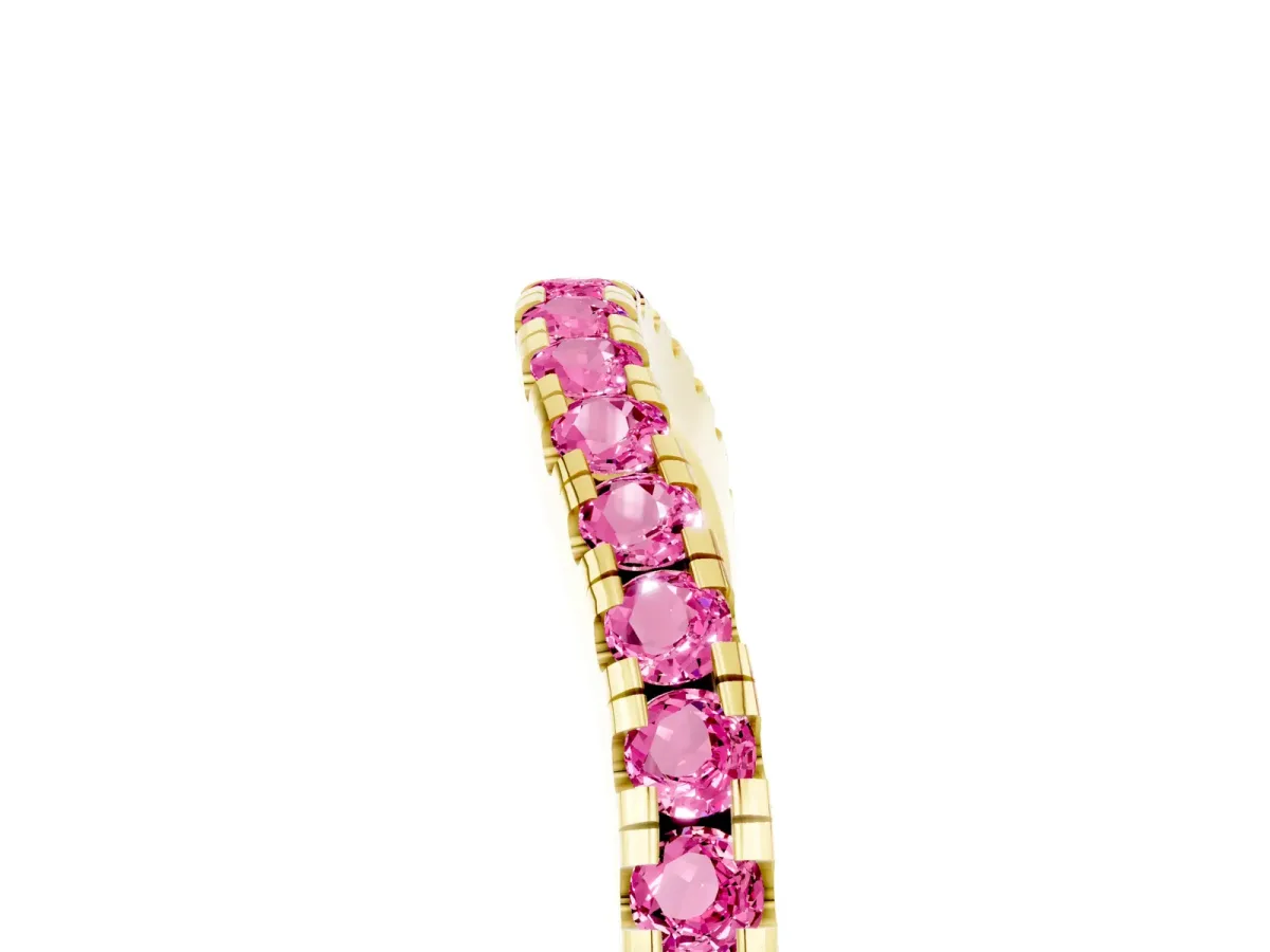 Round Pink Sapphire Pavé Half Eternity Band with Shared Prong Setting Yellow gold