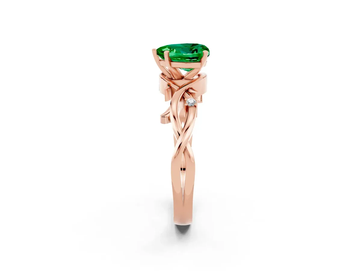 Heart Cut Emerald Solitaire Ring with Twisted Band and Prong Setting Rose gold