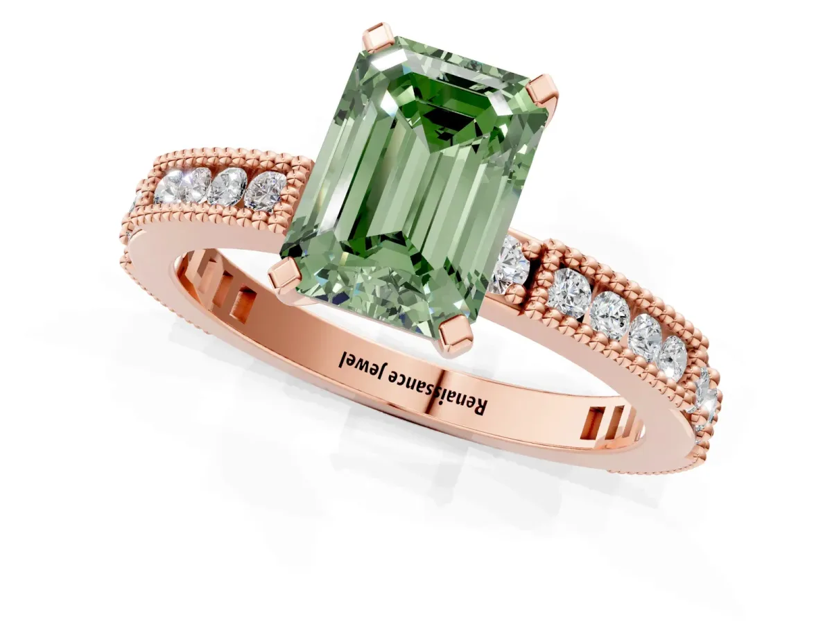 Fancy Green Emerald Cut Solitaire with Pavé Band and Four-Prong Setting Rose gold