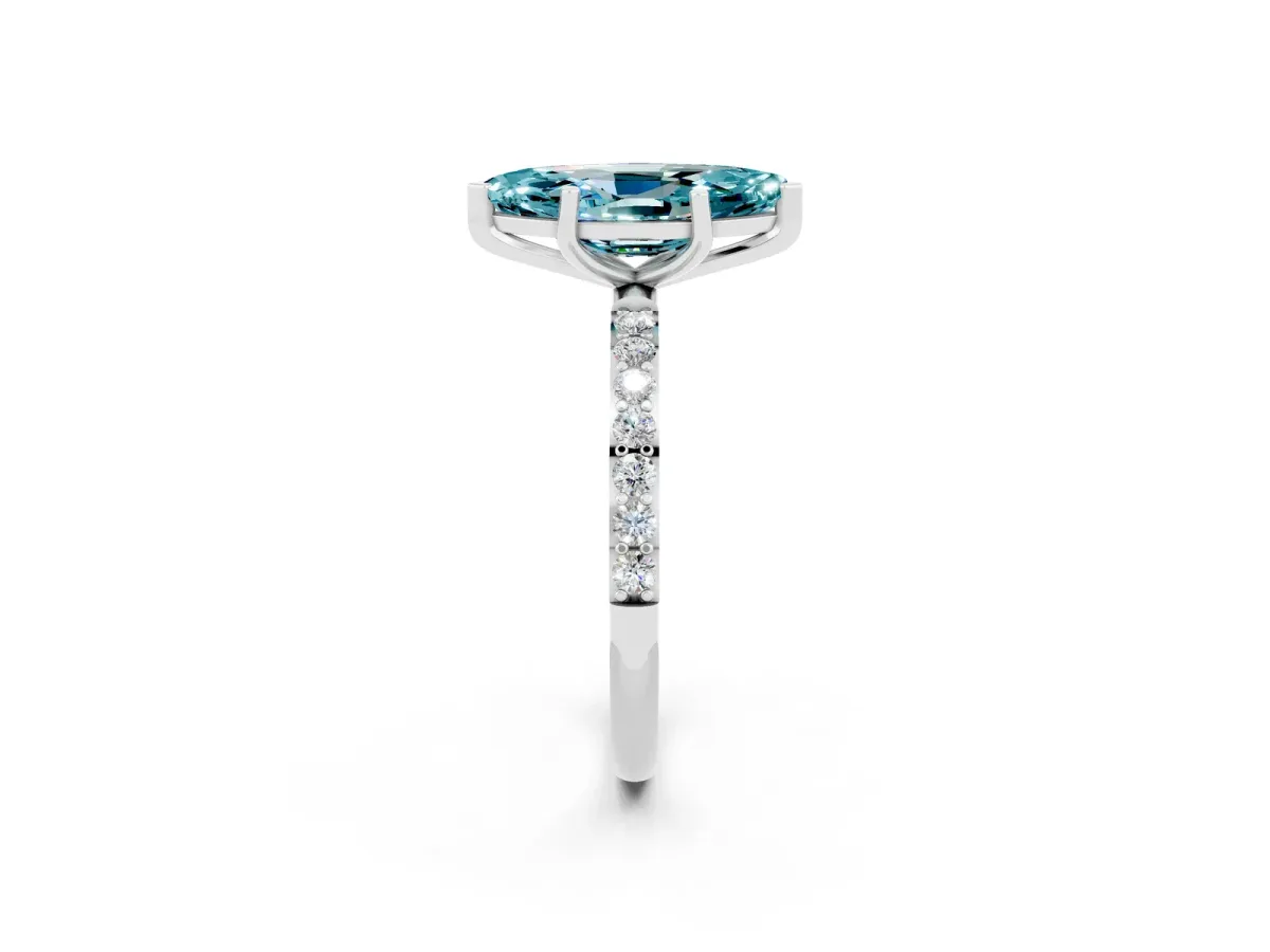 Marquise Cut Blue Topaz Solitaire Ring with Round Pavé Band and Prong Setting Silver