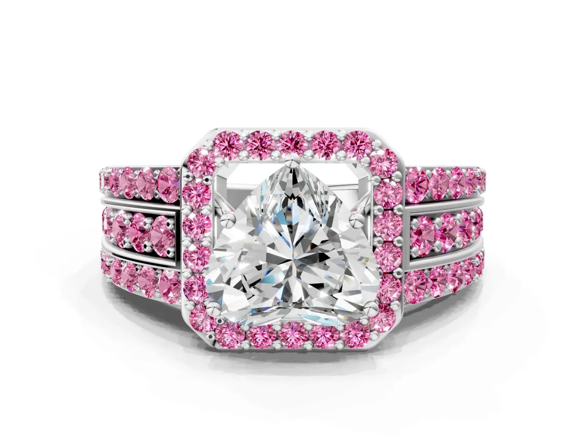 Heart Cut Halo Diamond Ring with Round Pink Sapphire Split Shank and Prong Setting Silver