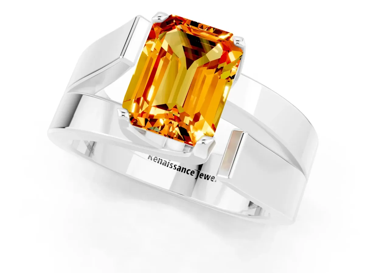 Modern Tension Set Emerald Cut Citrine Solitaire Wide Band Ring Platinum