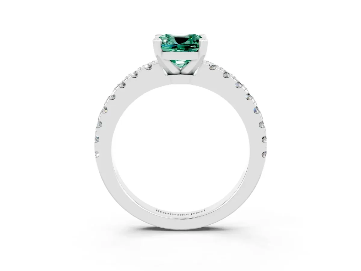 Cushion Cut Solitaire Green Sapphire with Pavé Band and Four-Prong Setting Silver
